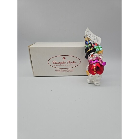 Vintage Christopher Radko Freezy Breezy Snowman Glass Ornament Tag & Box Polland - Picture 1 of 8